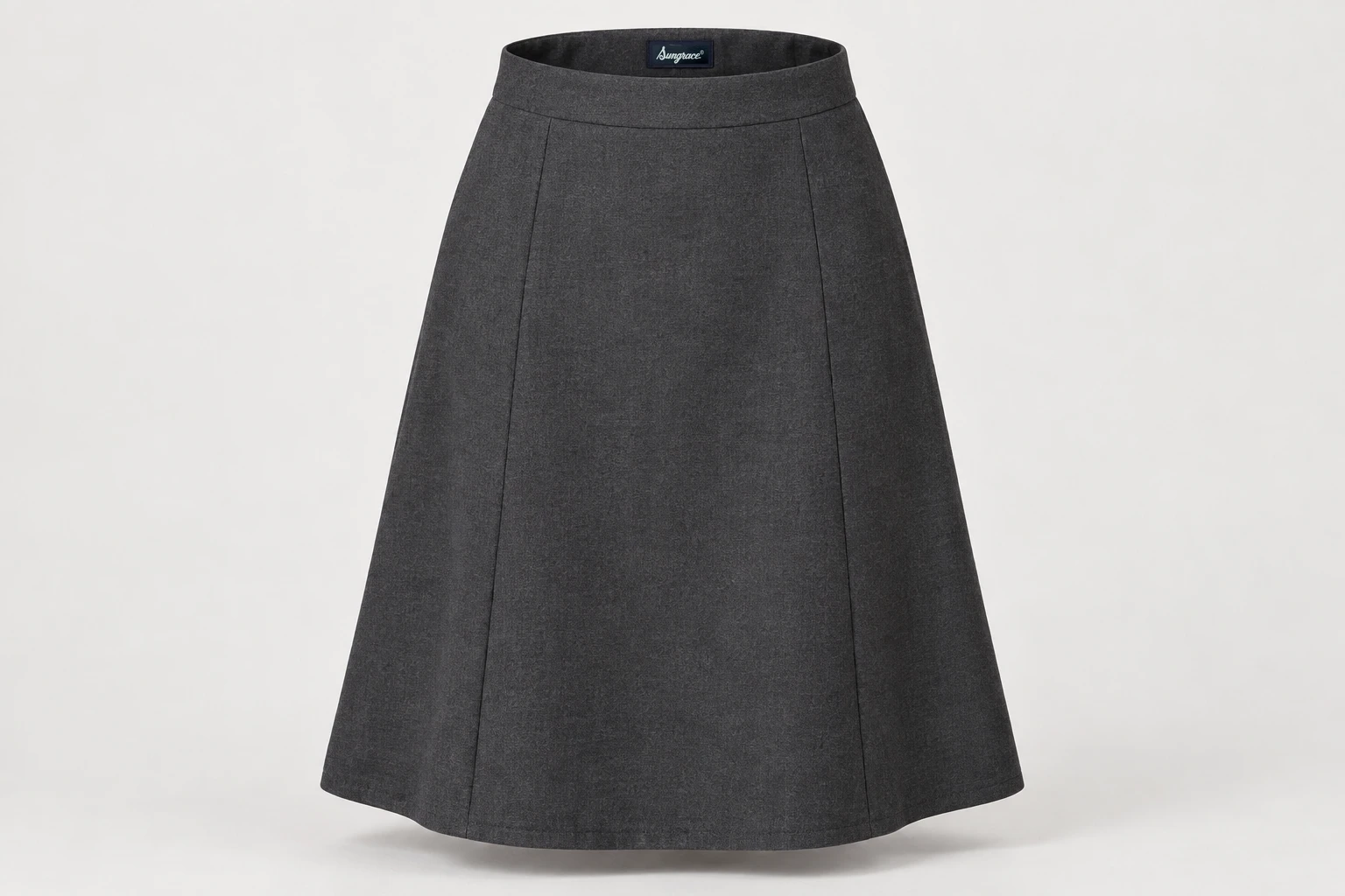 Formal Skirts — Women's charcoal knee-length A-line skirt, smooth waistband and clean panel seams. product front. Illustrative catalogue concept.