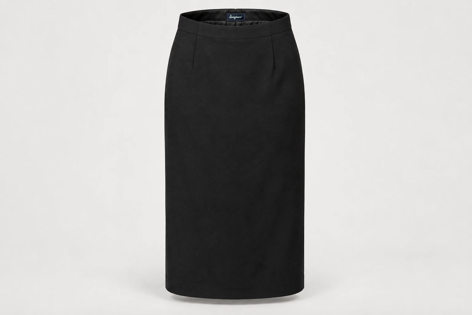 Formal Skirts — Women's black modest below-knee straight formal skirt with back walking vent. product front. Illustrative catalogue concept.