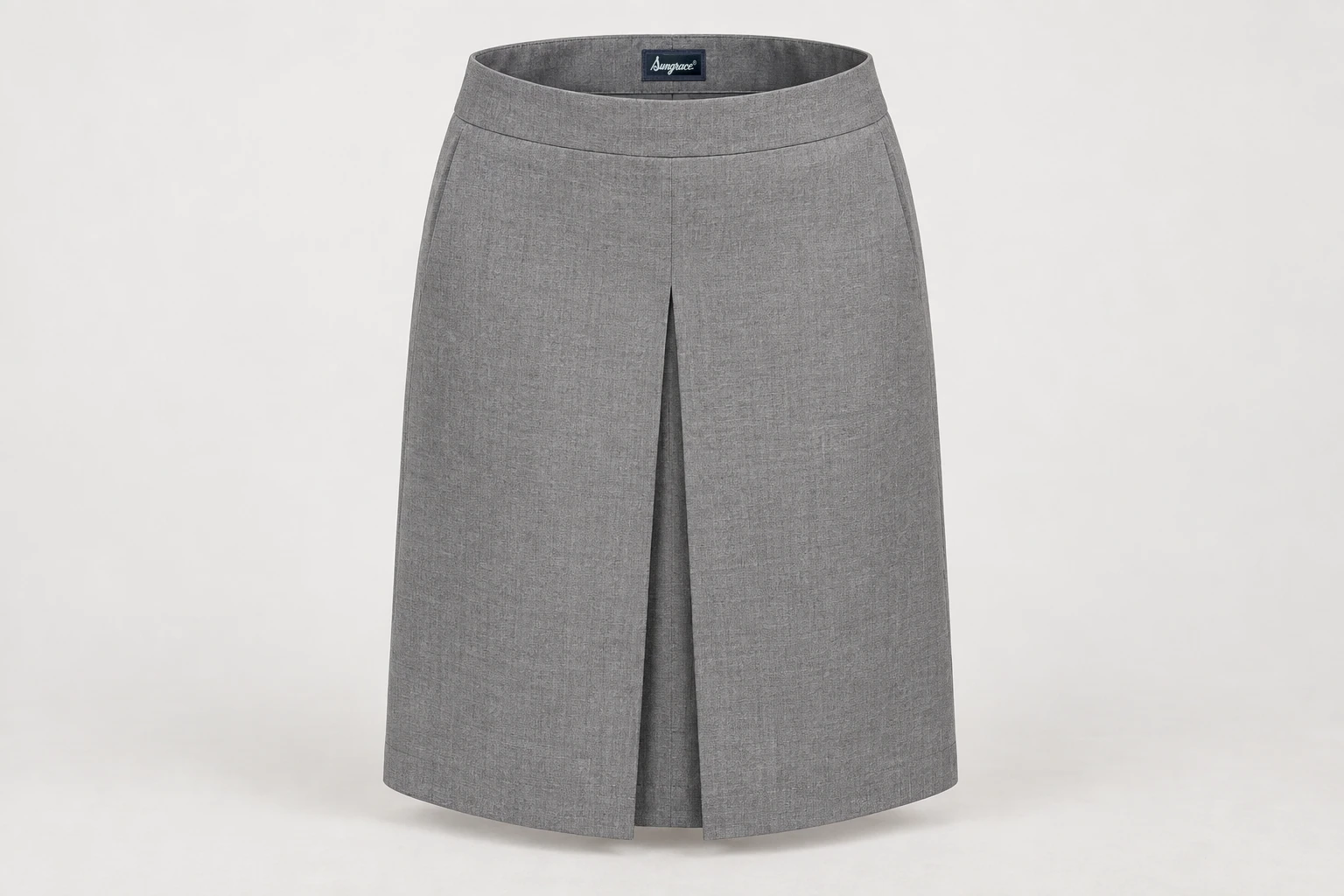 Formal Skirts — Women's medium-grey knee-length office skirt with one restrained centre box pleat. product front. Illustrative catalogue concept.