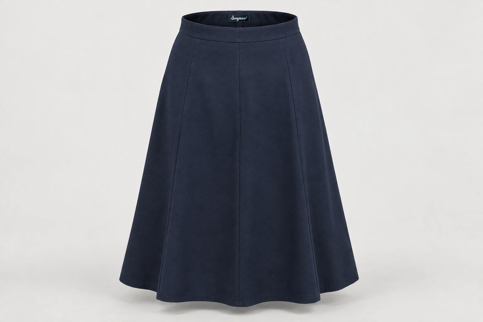 Formal Skirts — Women's navy six-panel A-line below-knee skirt, clean smooth seams. product front. Illustrative catalogue concept.