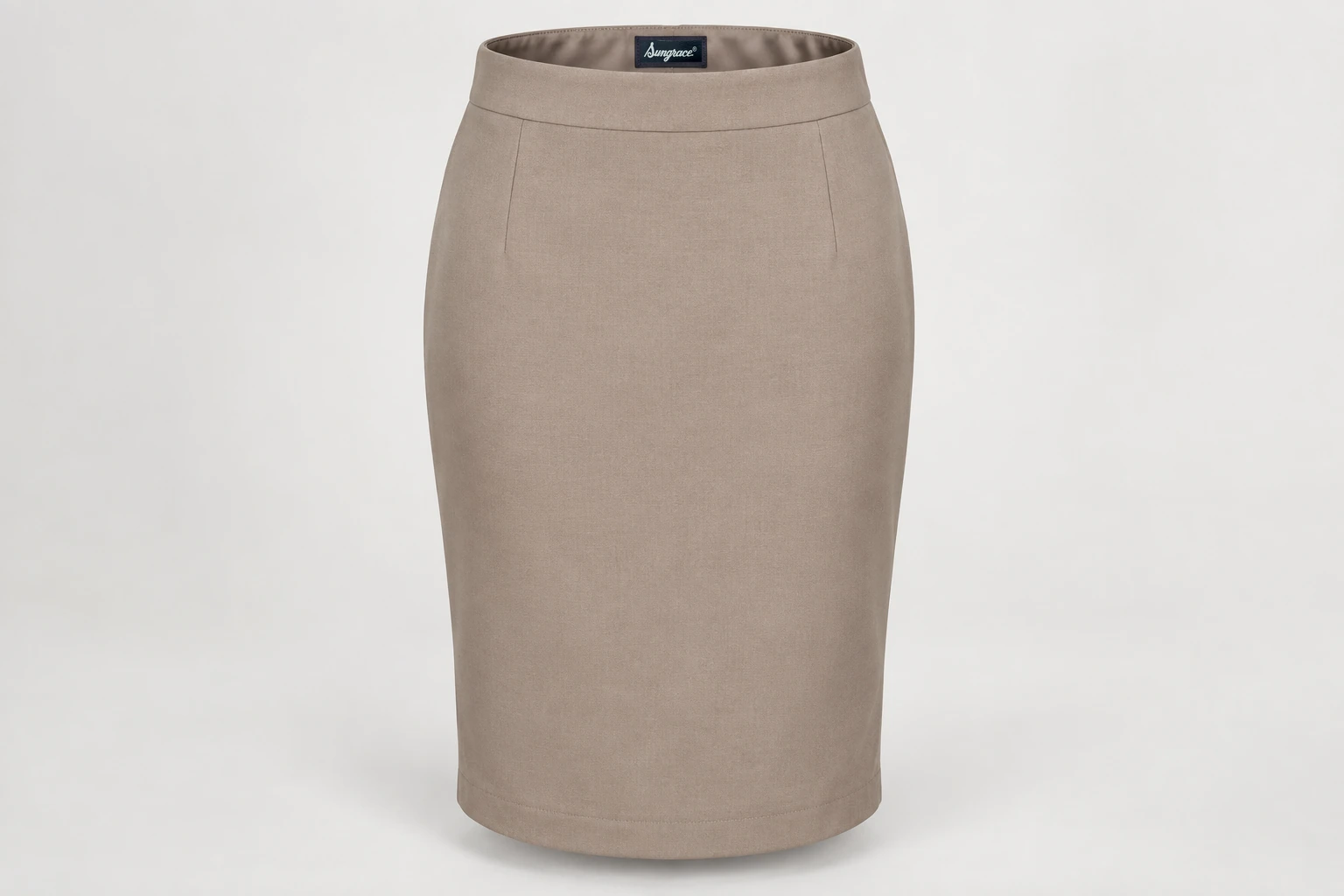 Formal Skirts — Women's taupe knee-length pencil skirt with smooth broad waistband. product front. Illustrative catalogue concept.