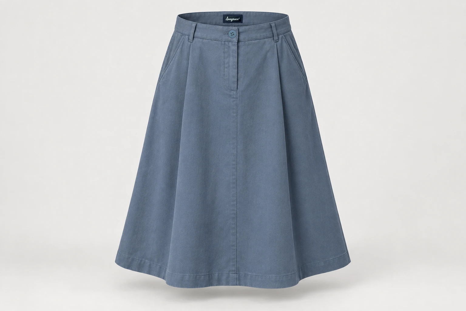 Formal Skirts — Women's blue-grey below-knee A-line skirt with subtle side pockets. product front. Illustrative catalogue concept.