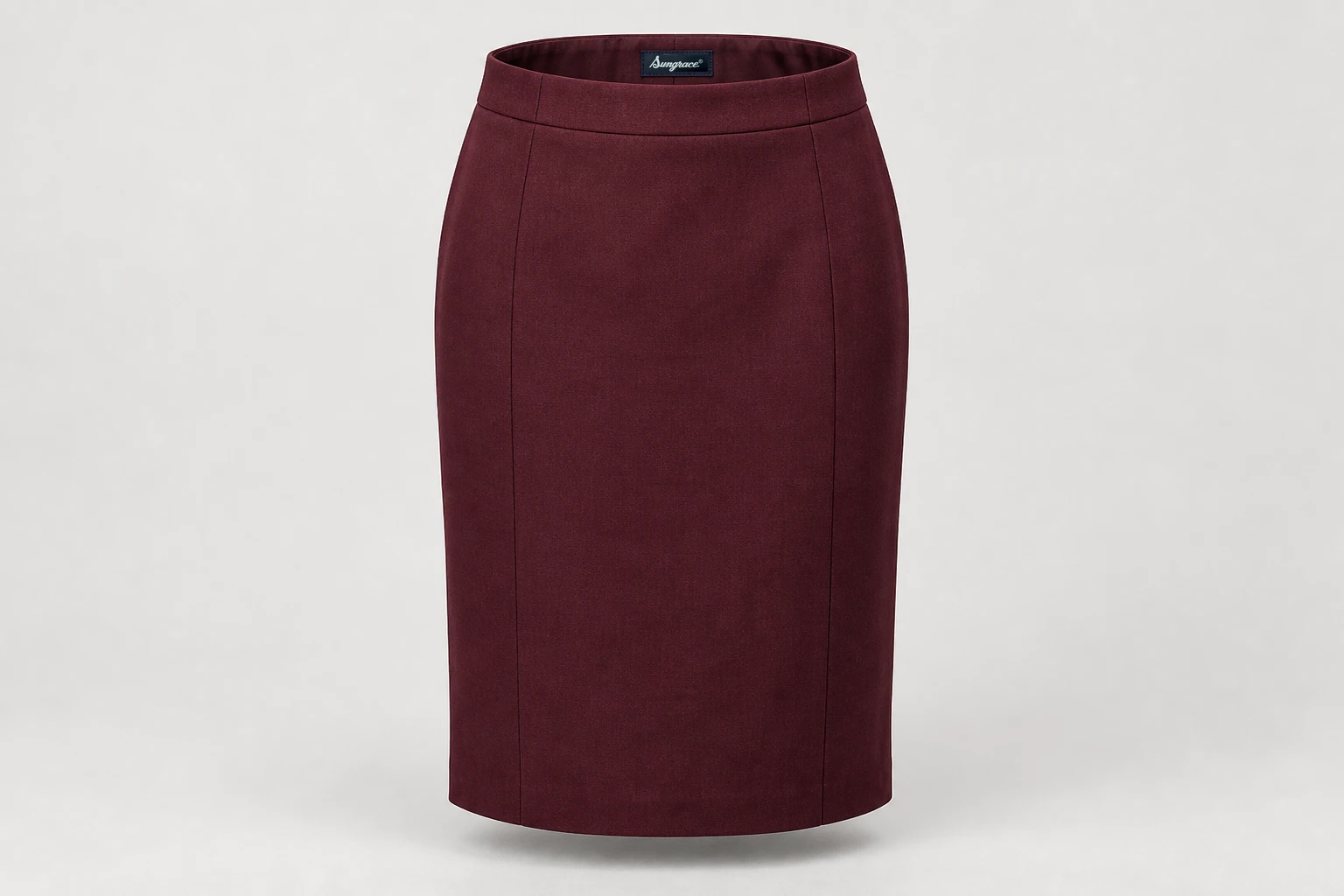 Formal Skirts — Women's dark burgundy knee-length straight tailored skirt with back vent. product front. Illustrative catalogue concept.