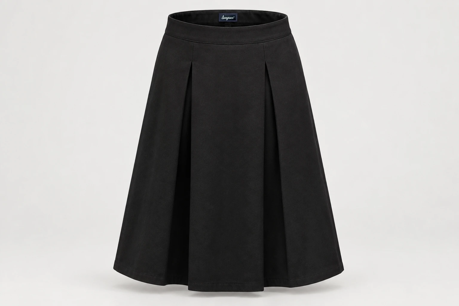 Formal Skirts — Women's black below-knee skirt with two neat front inverted pleats. product front. Illustrative catalogue concept.