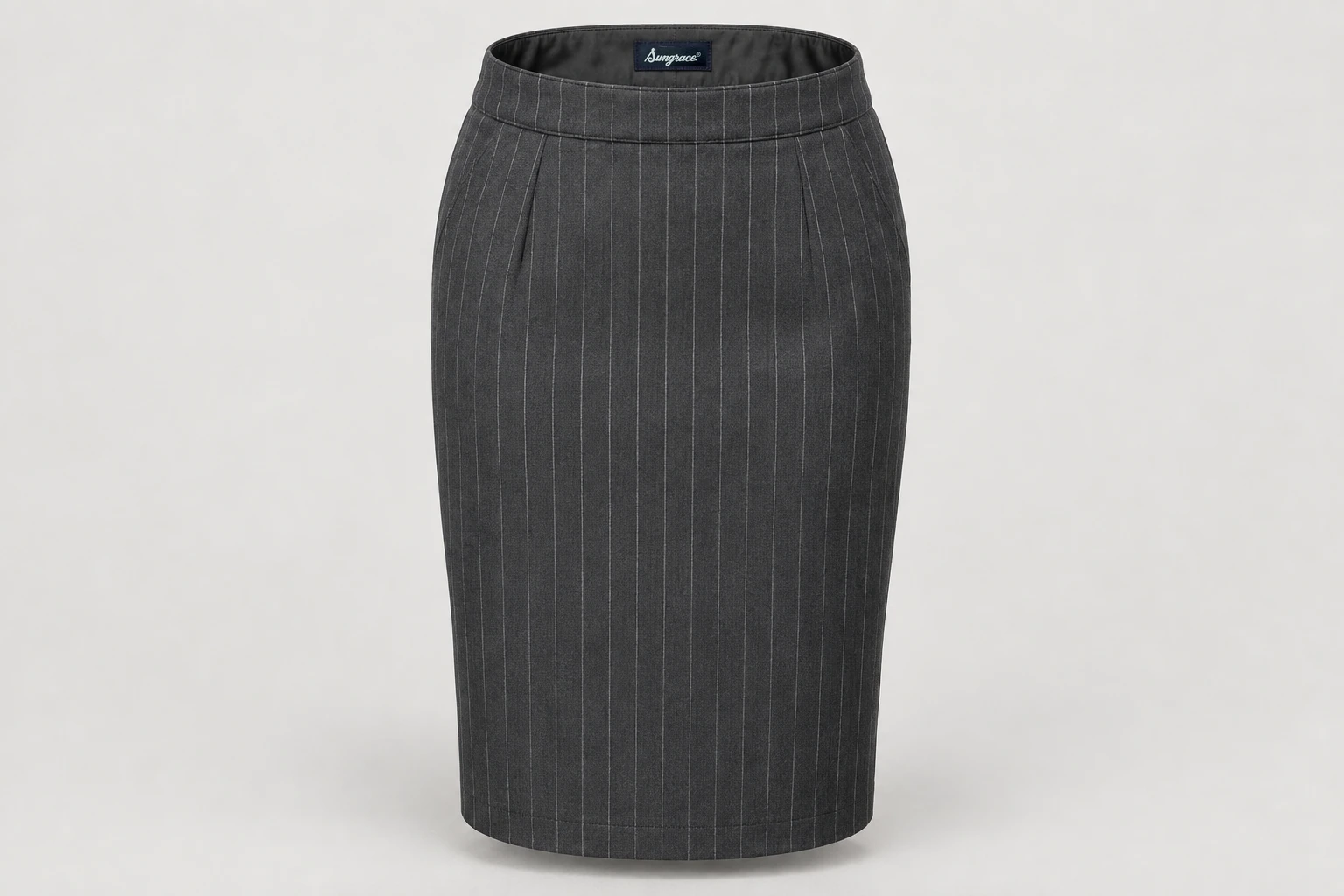 Formal Skirts — Women's graphite knee-length pencil skirt with fine grey vertical pinstripes. product front. Illustrative catalogue concept.