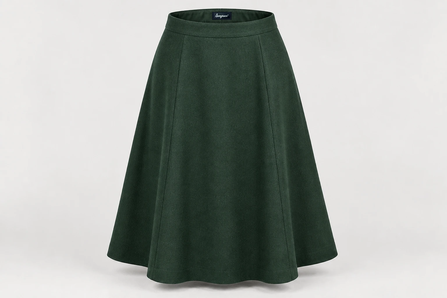 Formal Skirts — Women's dark forest-green below-knee A-line skirt, narrow waistband. product front. Illustrative catalogue concept.