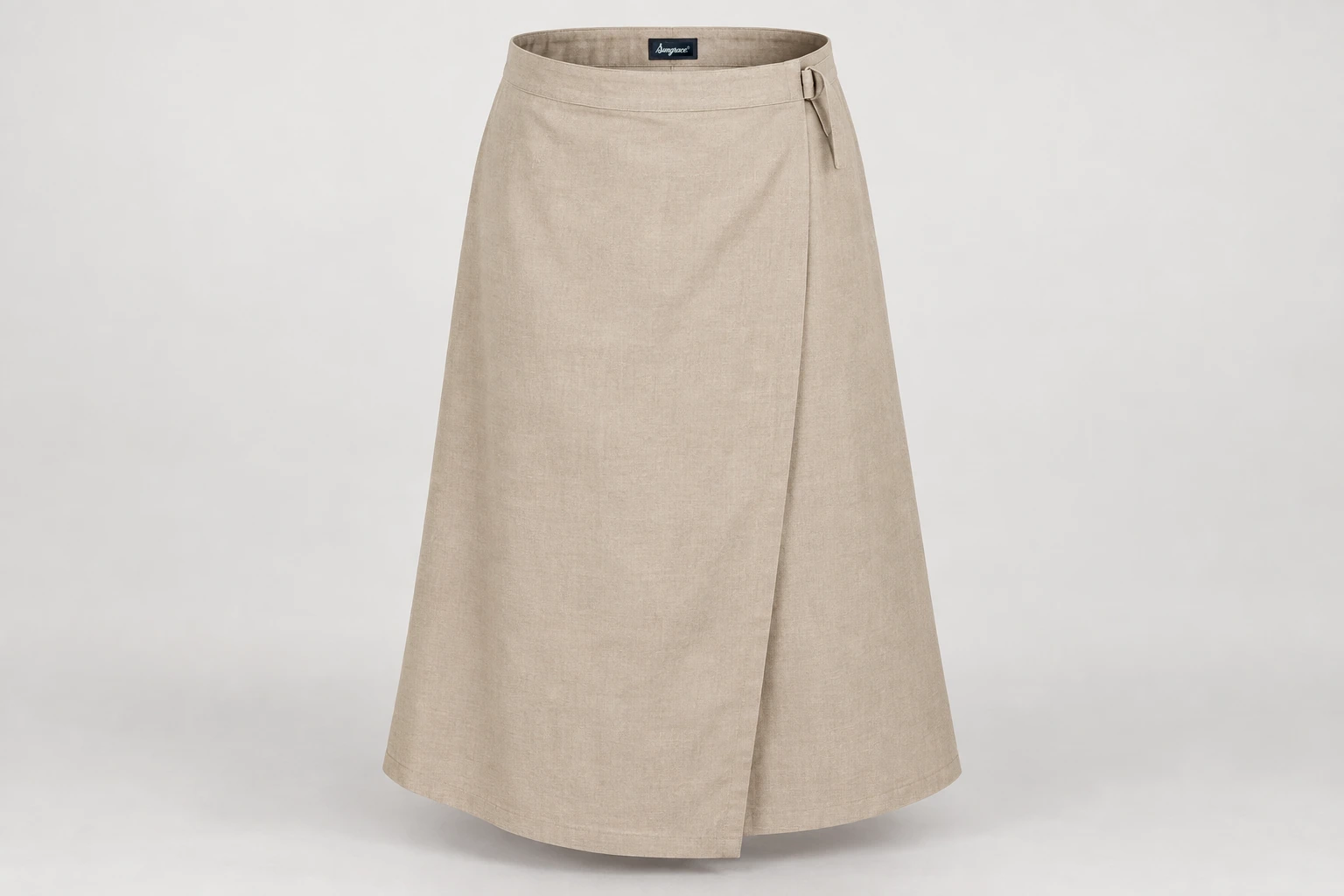 Formal Skirts — Women's stone-beige modest below-knee skirt with fully closed wrap-effect front and secure overlap. product front. Illustrative catalogue concept.