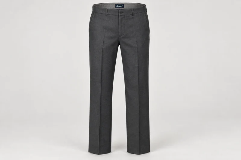 Formal Trousers — Men's charcoal flat-front full-length straight-leg formal trousers, pressed front creases, belt loops, side pockets. product front. Illustrative catalogue concept.