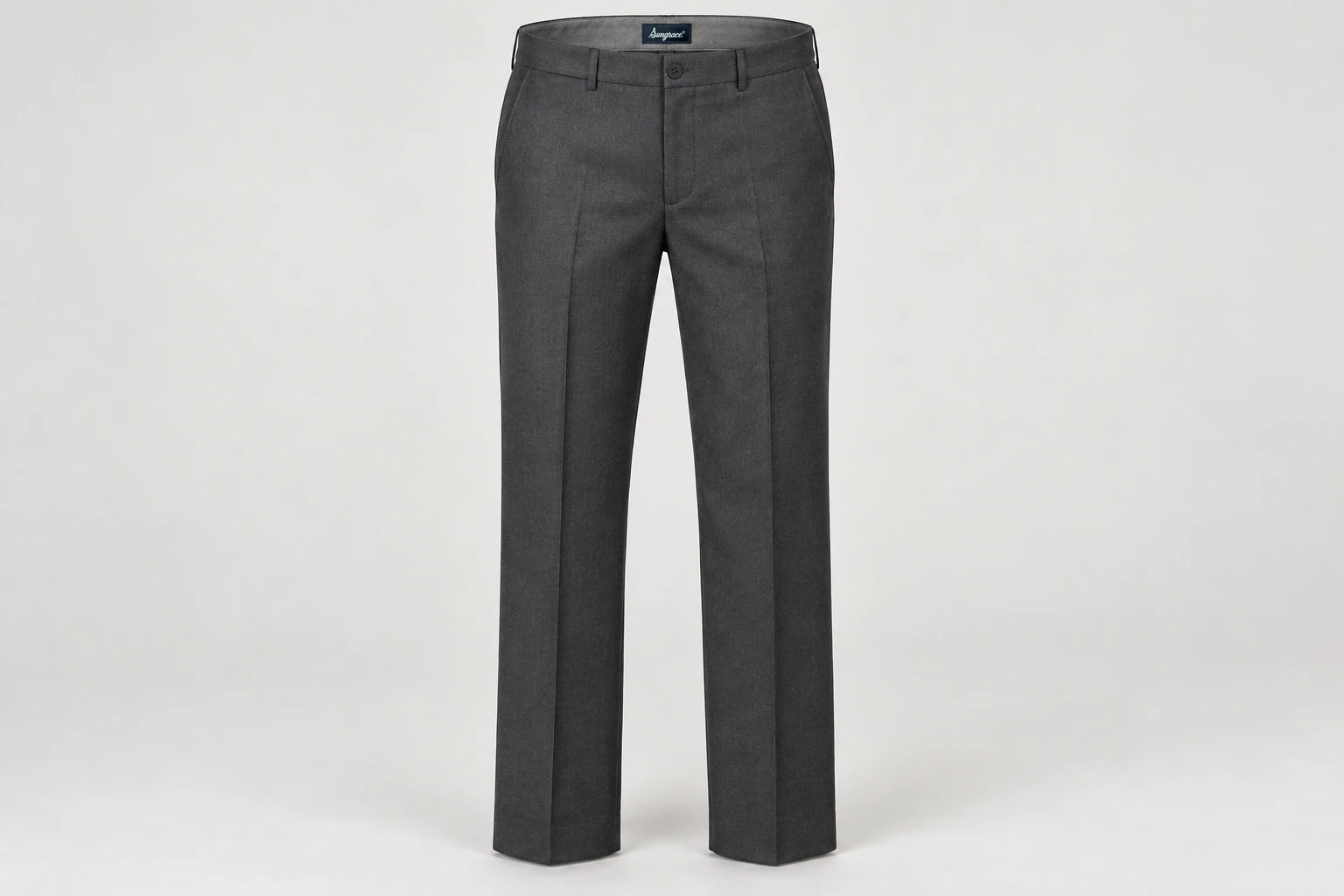 Formal Trousers — Men's charcoal flat-front full-length straight-leg formal trousers, pressed front creases, belt loops, side pockets. product front. Illustrative catalogue concept.