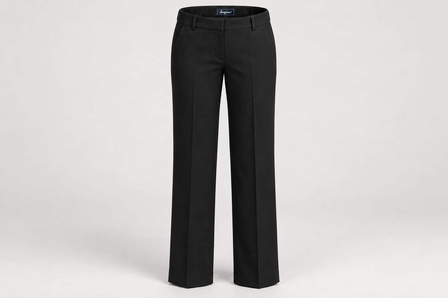 Formal Trousers — Women's black full-length tailored straight-leg trousers, mid-rise waistband with belt loops, crisp front creases. product front. Illustrative catalogue concept.