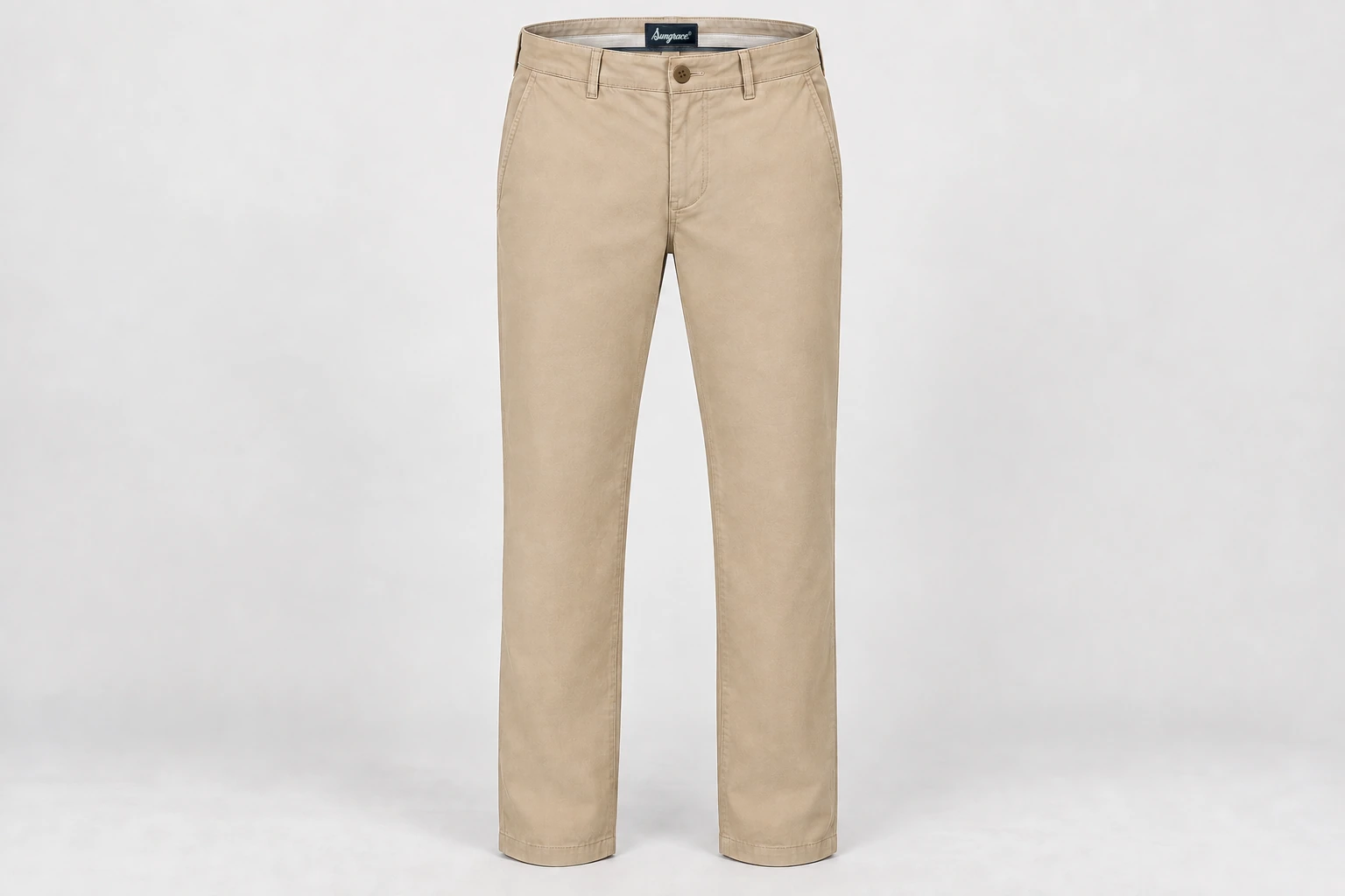 Formal Trousers — Men's sand cotton-twill business-casual chinos, flat front, belt loops, straight fit. product front. Illustrative catalogue concept.