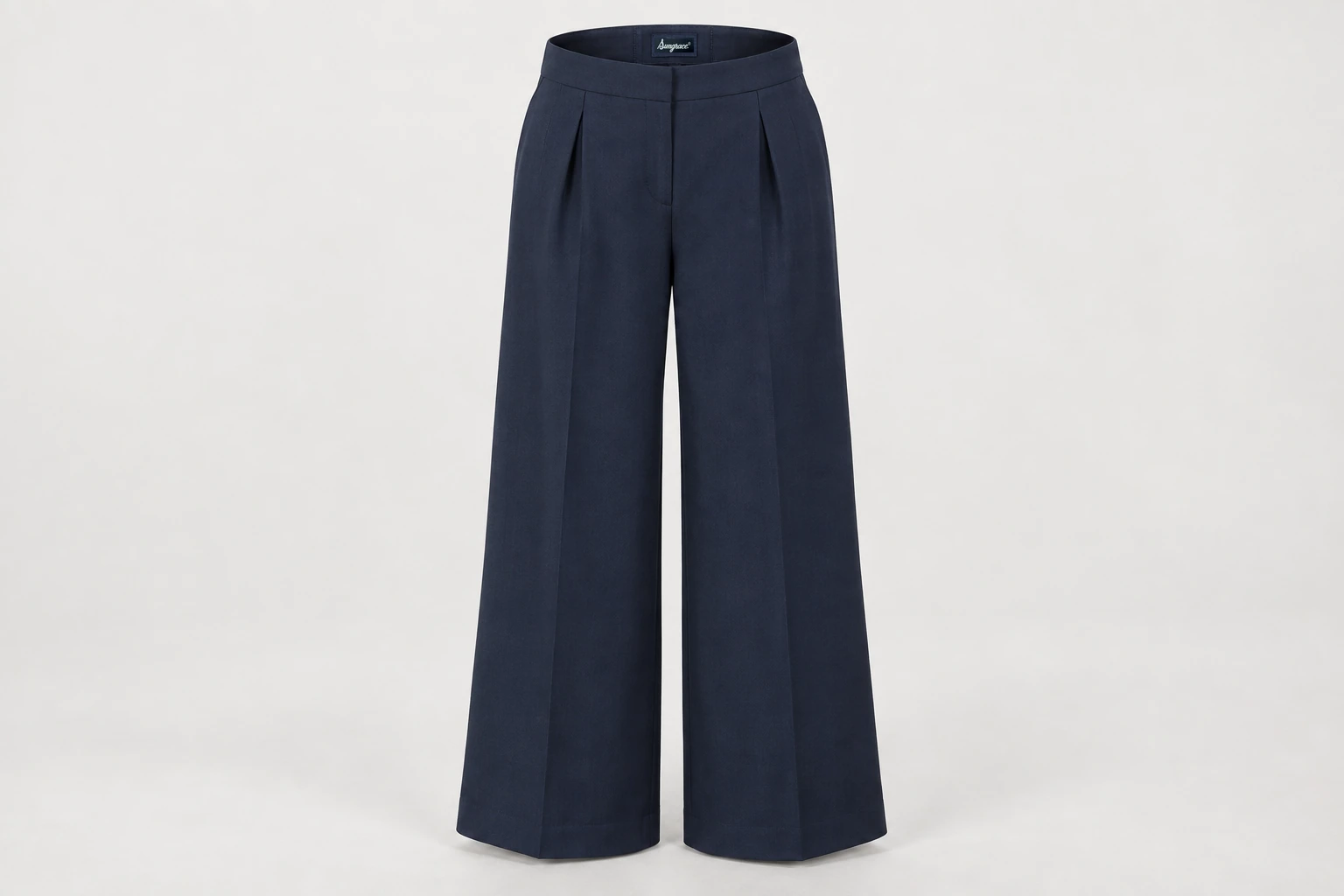Formal Trousers — Women's navy full-length tailored wide-leg trousers, one pleat each side, smooth waistband. product front. Illustrative catalogue concept.