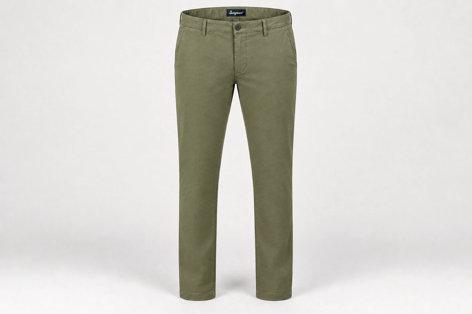 Formal Trousers — Men's muted olive-green slim-straight chinos, flat front and belt loops. product front. Illustrative catalogue concept.