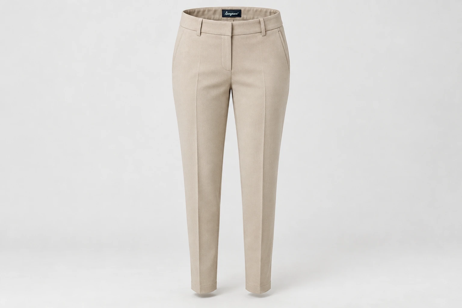 Formal Trousers — Women's stone-beige tailored tapered trousers, front creases and clean waistband. product front. Illustrative catalogue concept.