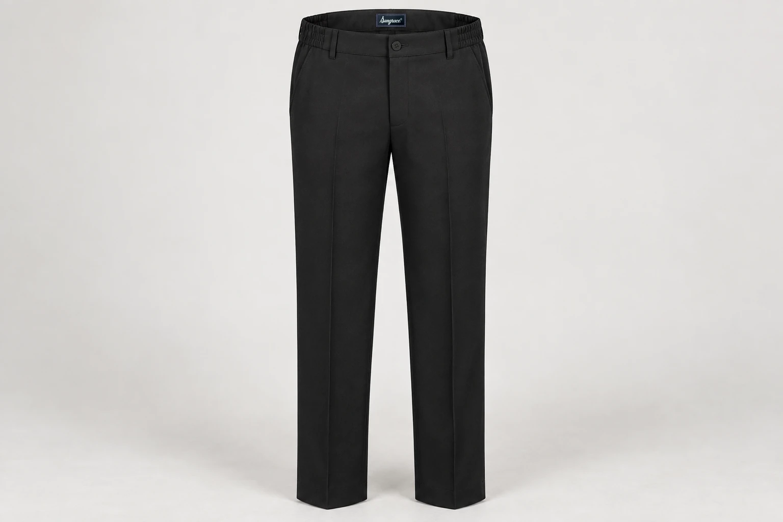 Formal Trousers — Men's black formal trousers, flat front with discreet elastic at side waistband only, pressed straight legs. product front. Illustrative catalogue concept.