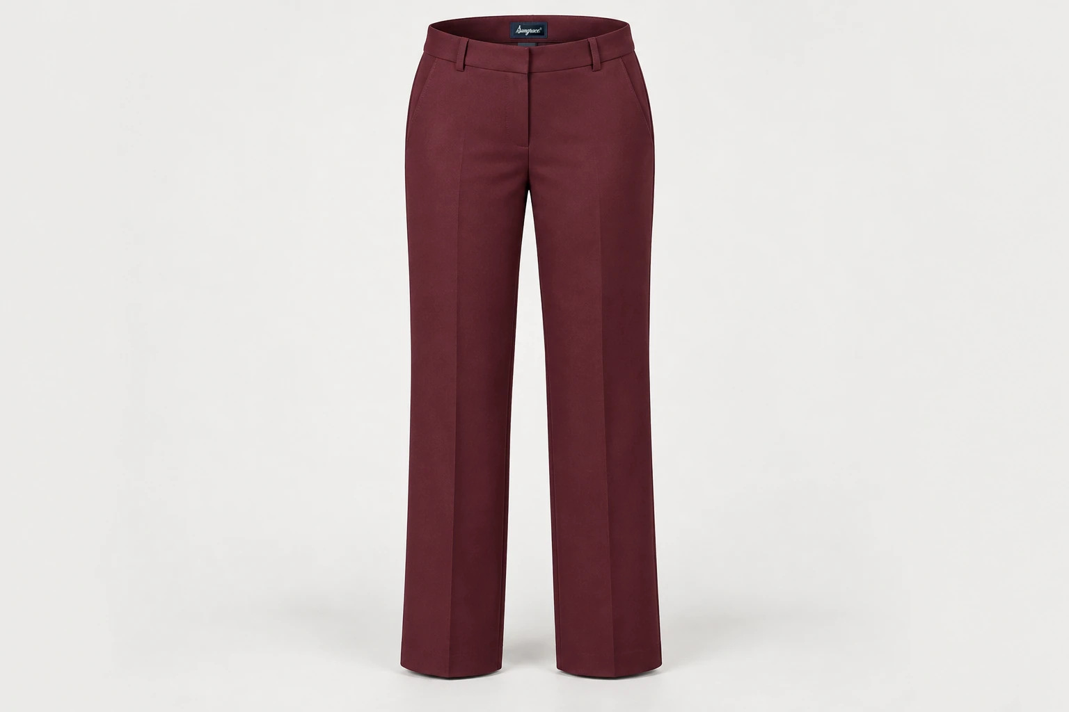 Formal Trousers — Women's dark-burgundy full-length straight-leg tailored trousers, clean flat front. product front. Illustrative catalogue concept.