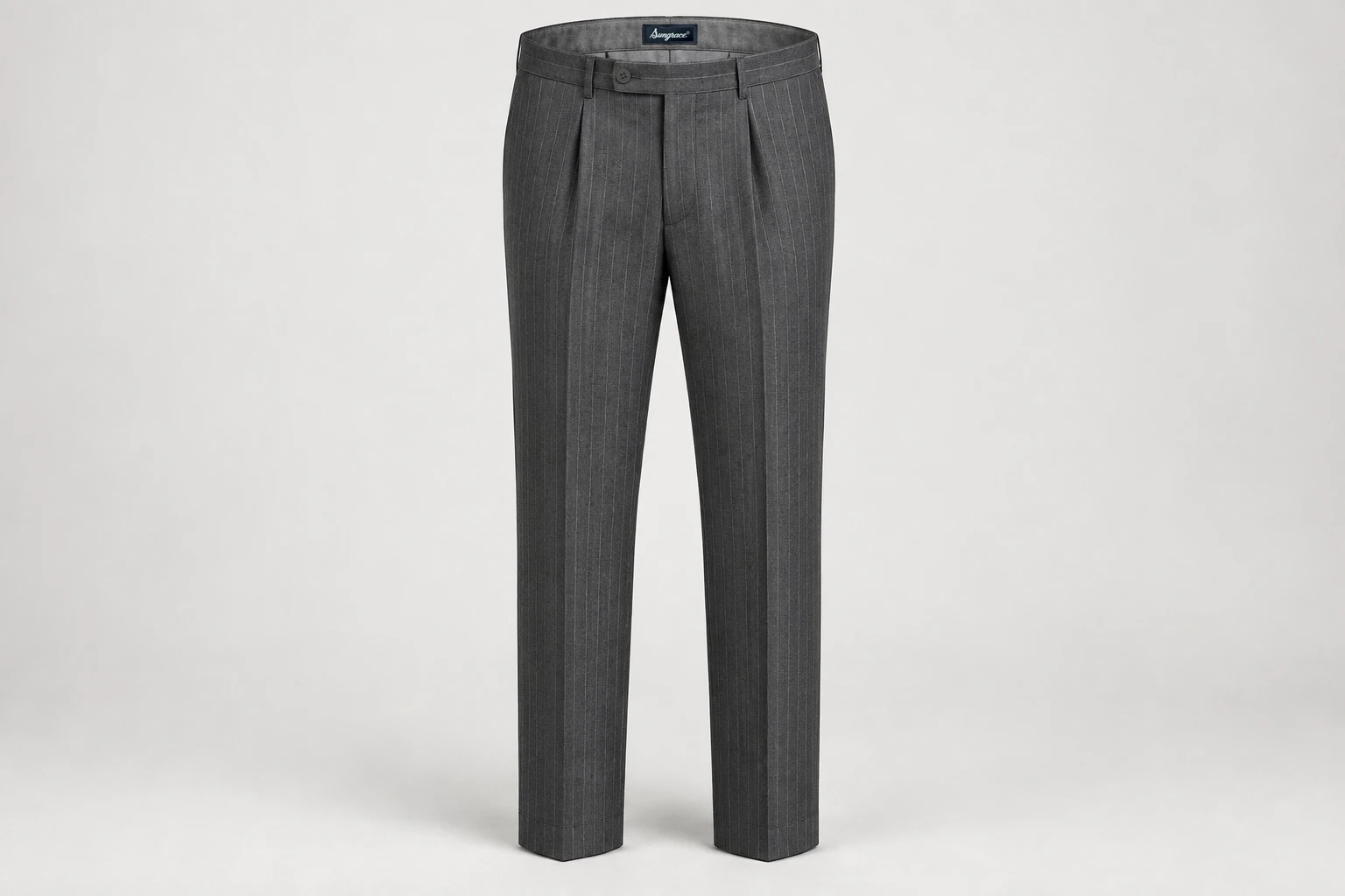 Formal Trousers — Men's graphite formal trousers with subtle fine grey pinstripe, single pleat and sharp creases. product front. Illustrative catalogue concept.