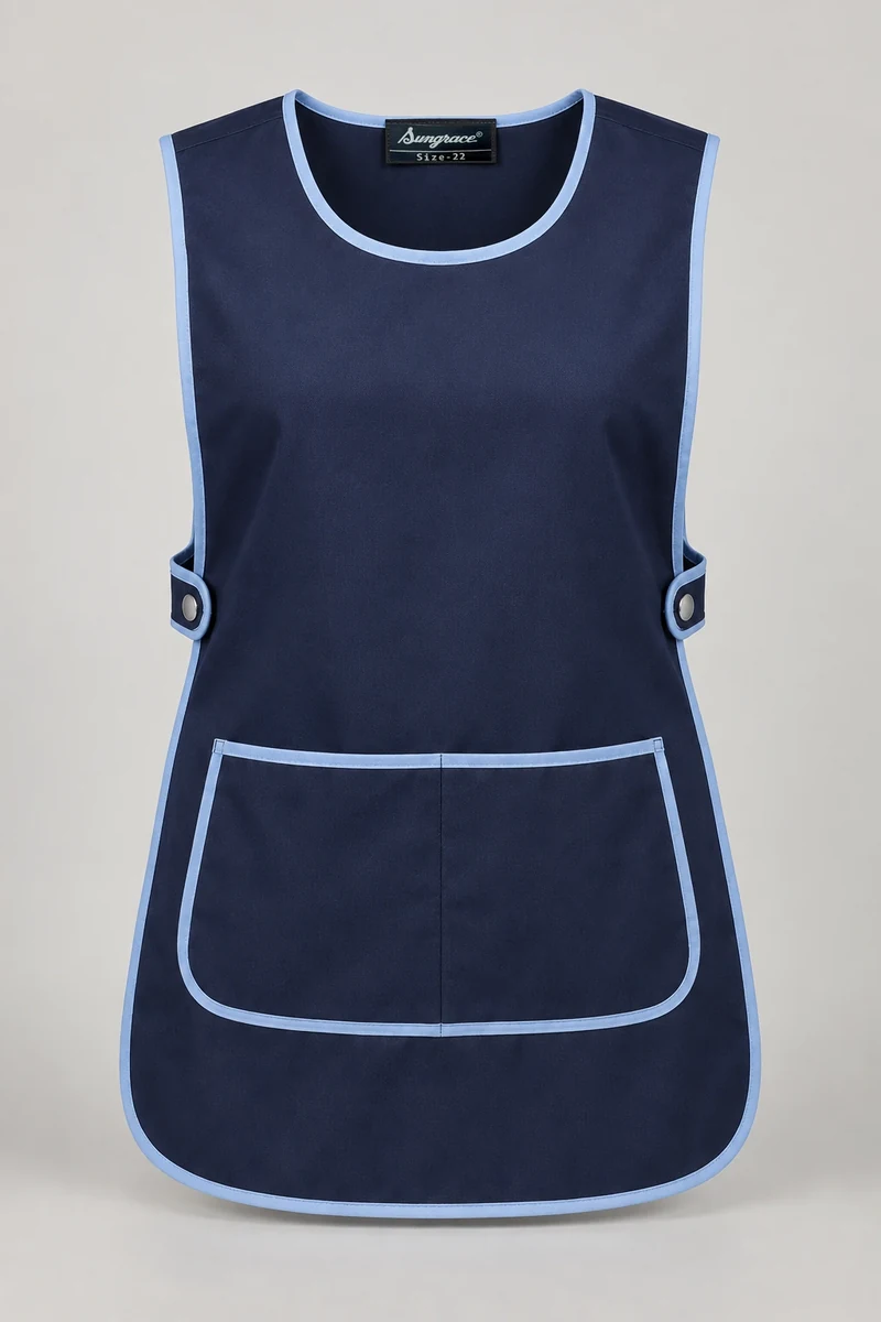 Sungrace housekeeping tabards design 1: Navy Bound-Edge, showing the genuine Sungrace woven label
