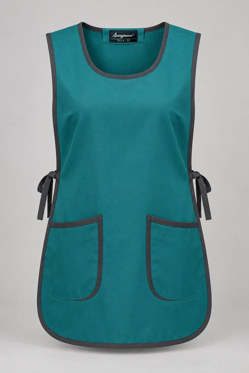Sungrace housekeeping tabards design 2: Teal Twin-Pocket, showing the genuine Sungrace woven label