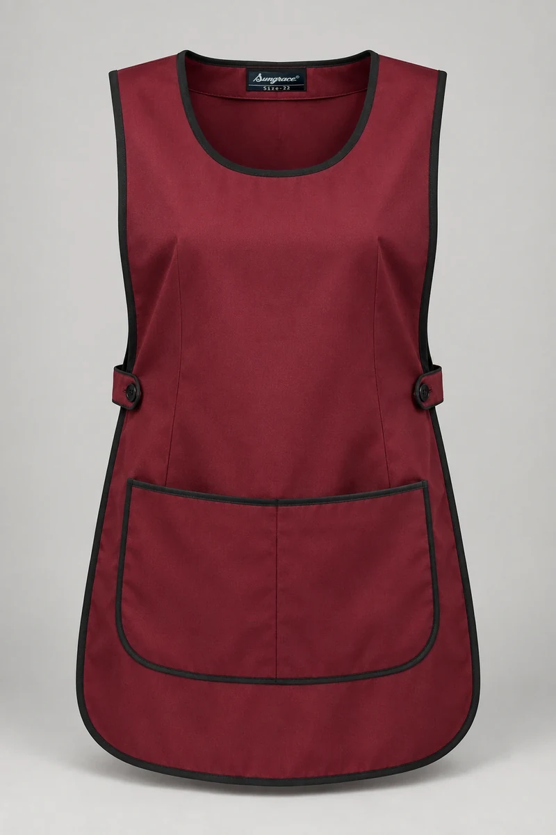 Sungrace housekeeping tabards design 3: Burgundy Utility, showing the genuine Sungrace woven label