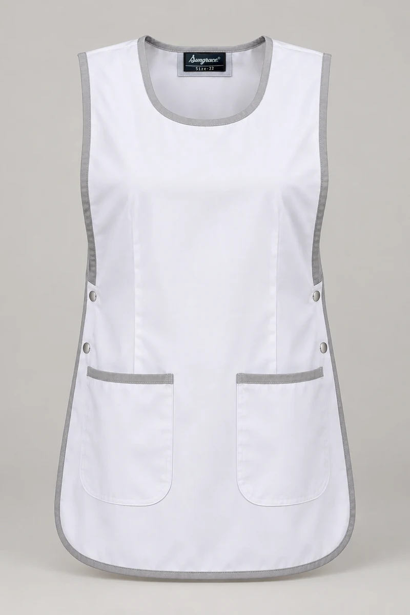 Sungrace housekeeping tabards design 4: White Spa, showing the genuine Sungrace woven label