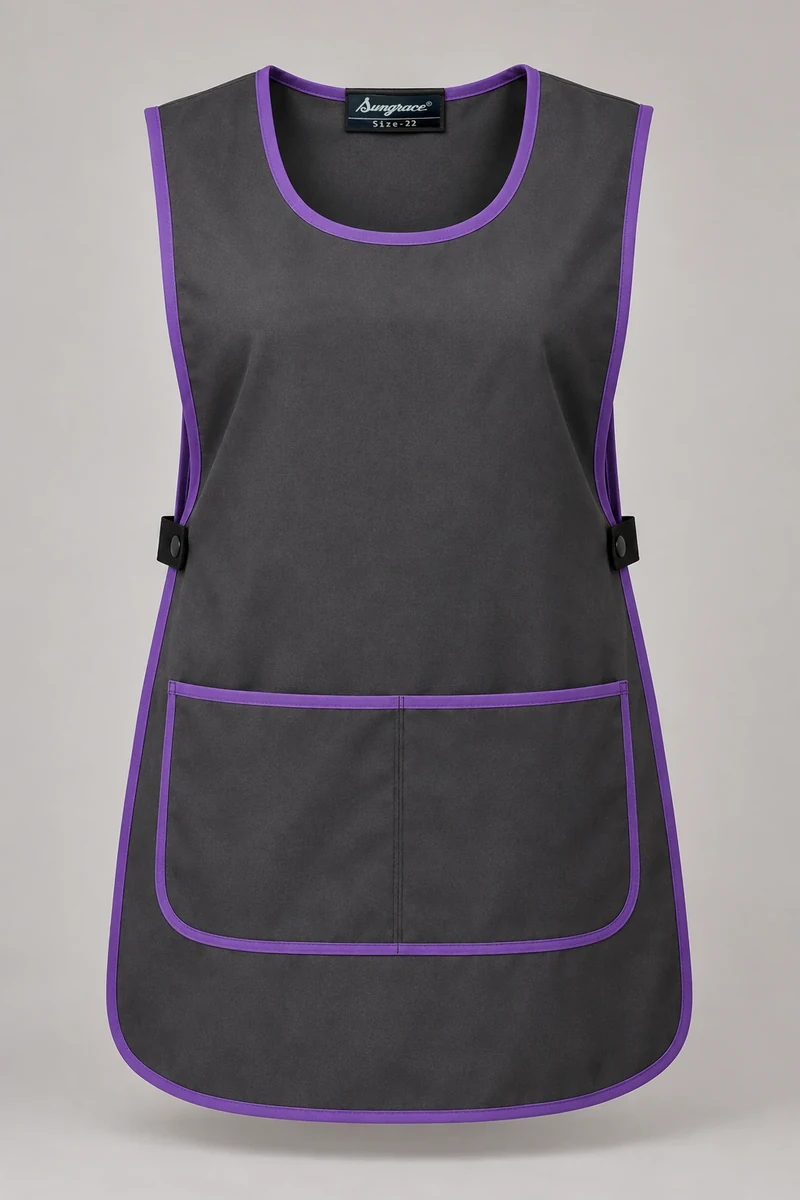 Sungrace housekeeping tabards design 5: Charcoal & Violet, showing the genuine Sungrace woven label