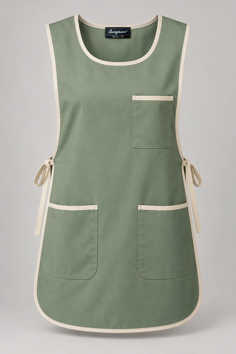 Sungrace housekeeping tabards design 6: Sage & Cream, showing the genuine Sungrace woven label