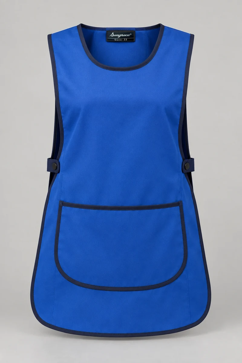 Sungrace housekeeping tabards design 7: Royal Blue Curved-Pocket, showing the genuine Sungrace woven label