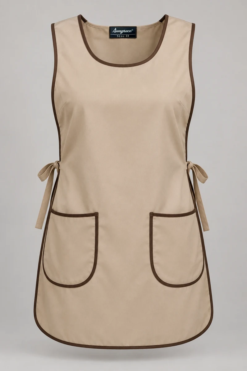 Sungrace housekeeping tabards design 8: Sand Rounded-Pocket, showing the genuine Sungrace woven label