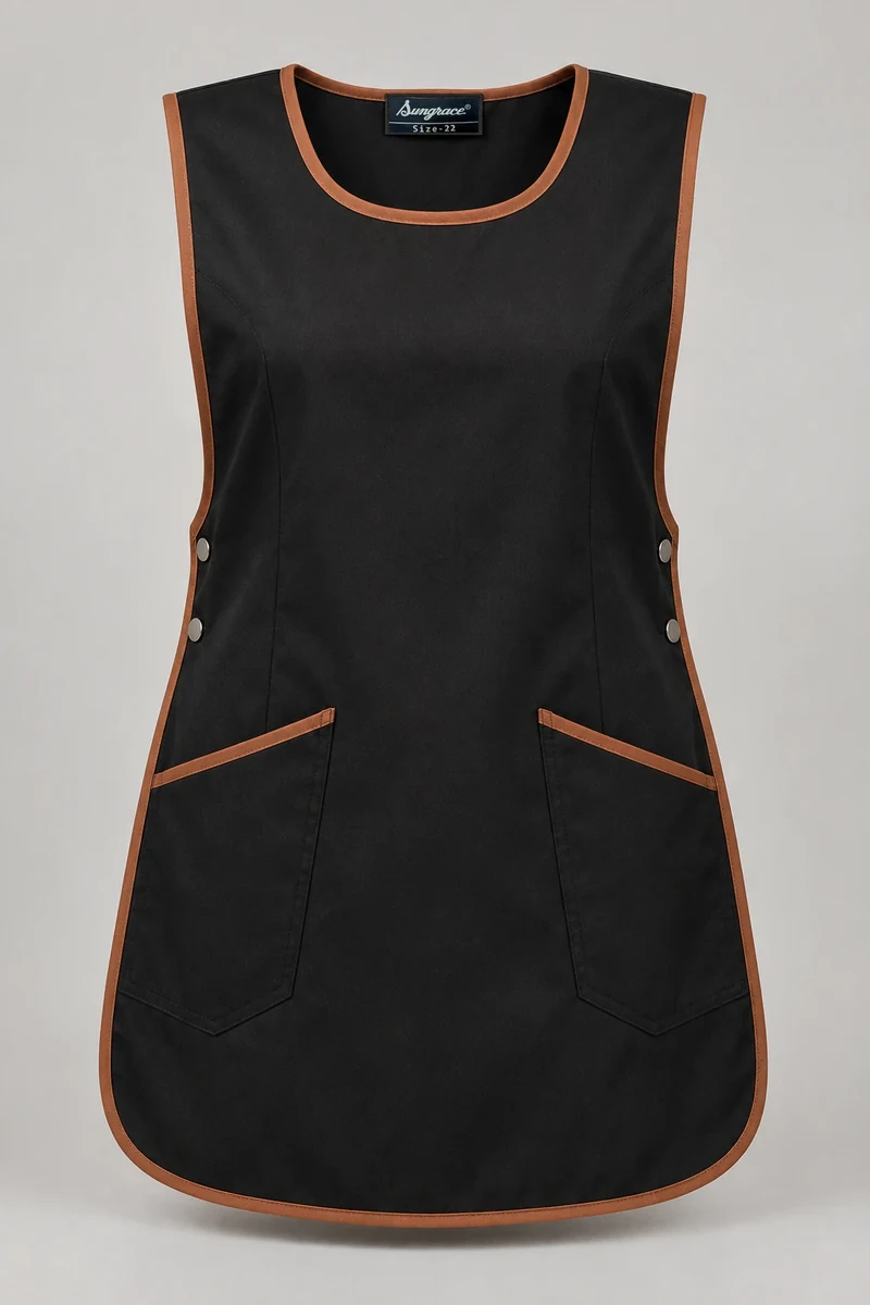 Sungrace housekeeping tabards design 9: Black & Copper, showing the genuine Sungrace woven label