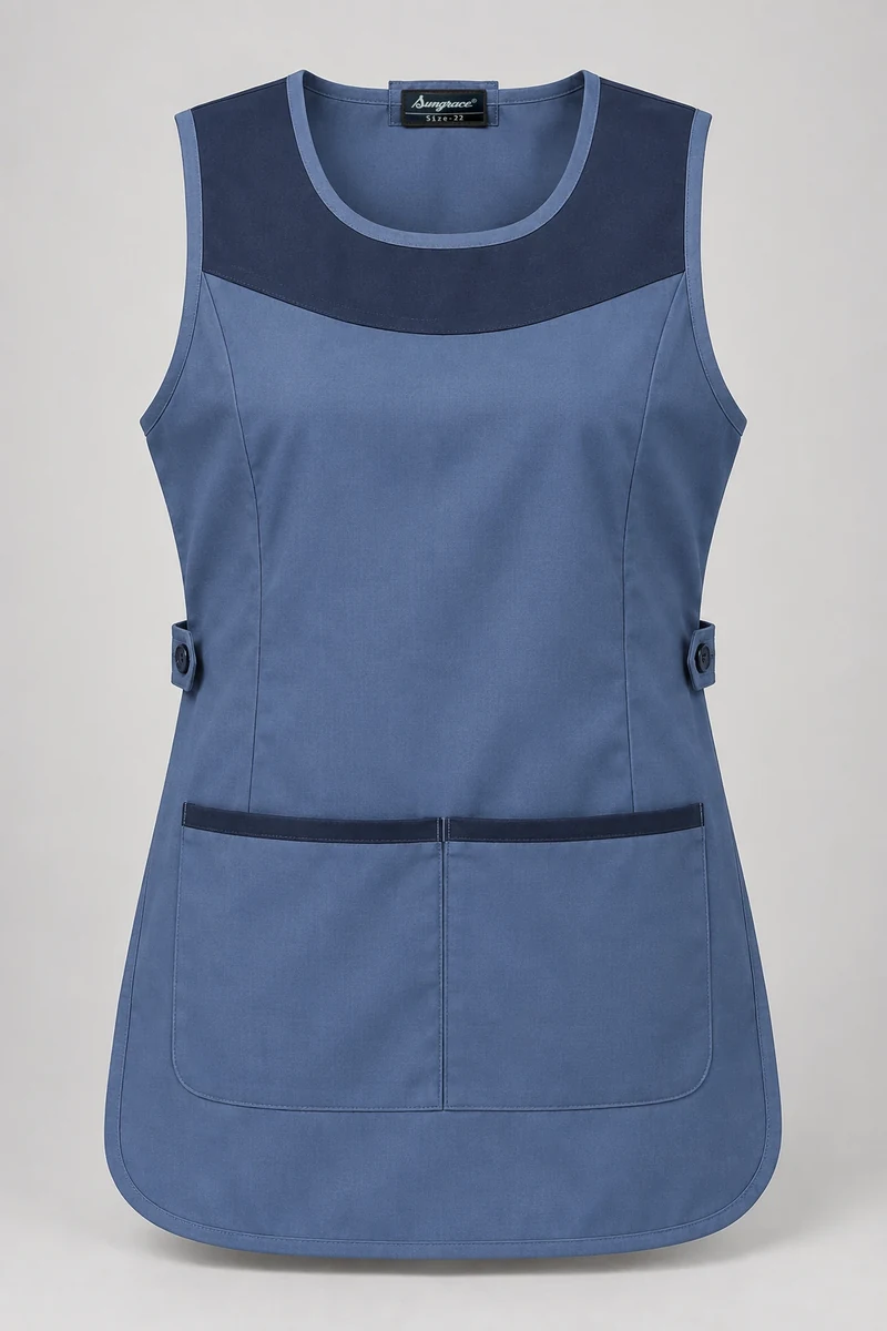 Sungrace housekeeping tabards design 10: Steel-Blue Panel, showing the genuine Sungrace woven label