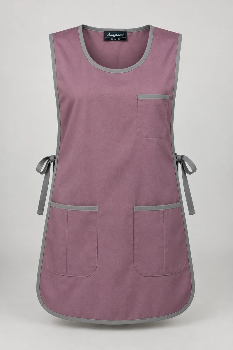 Sungrace housekeeping tabards design 11: Mauve Utility, showing the genuine Sungrace woven label