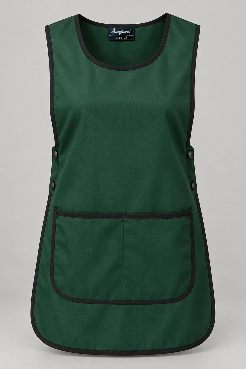 Sungrace housekeeping tabards design 12: Forest Large-Pocket, showing the genuine Sungrace woven label