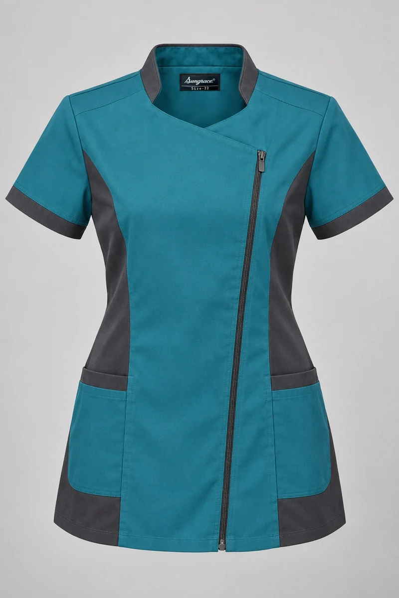 Sungrace housekeeping tunics design 2: Teal & Charcoal, showing the genuine Sungrace woven label