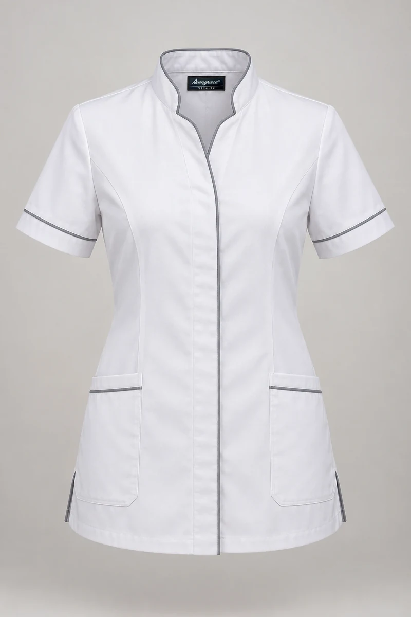 Sungrace housekeeping tunics design 4: White Spa, showing the genuine Sungrace woven label