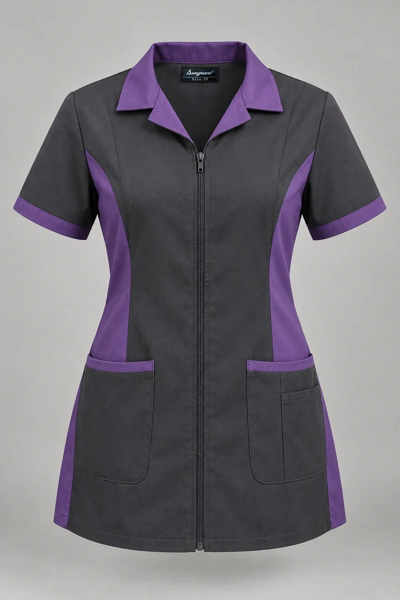 Sungrace housekeeping tunics design 5: Charcoal & Violet, showing the genuine Sungrace woven label