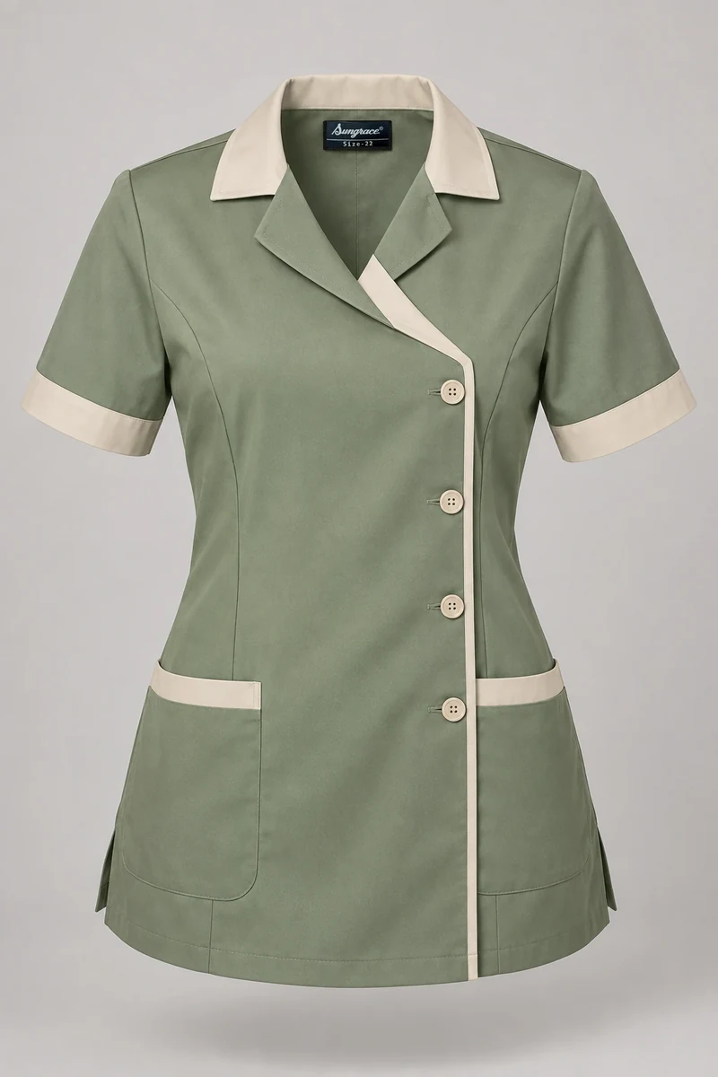 Sungrace housekeeping tunics design 6: Sage & Cream, showing the genuine Sungrace woven label