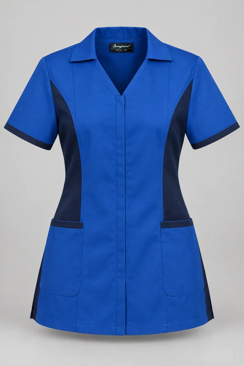 Sungrace housekeeping tunics design 7: Royal Blue & Navy, showing the genuine Sungrace woven label