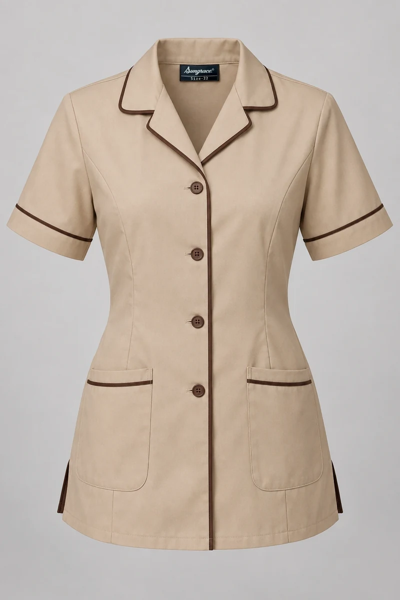 Sungrace housekeeping tunics design 8: Sand & Brown, showing the genuine Sungrace woven label