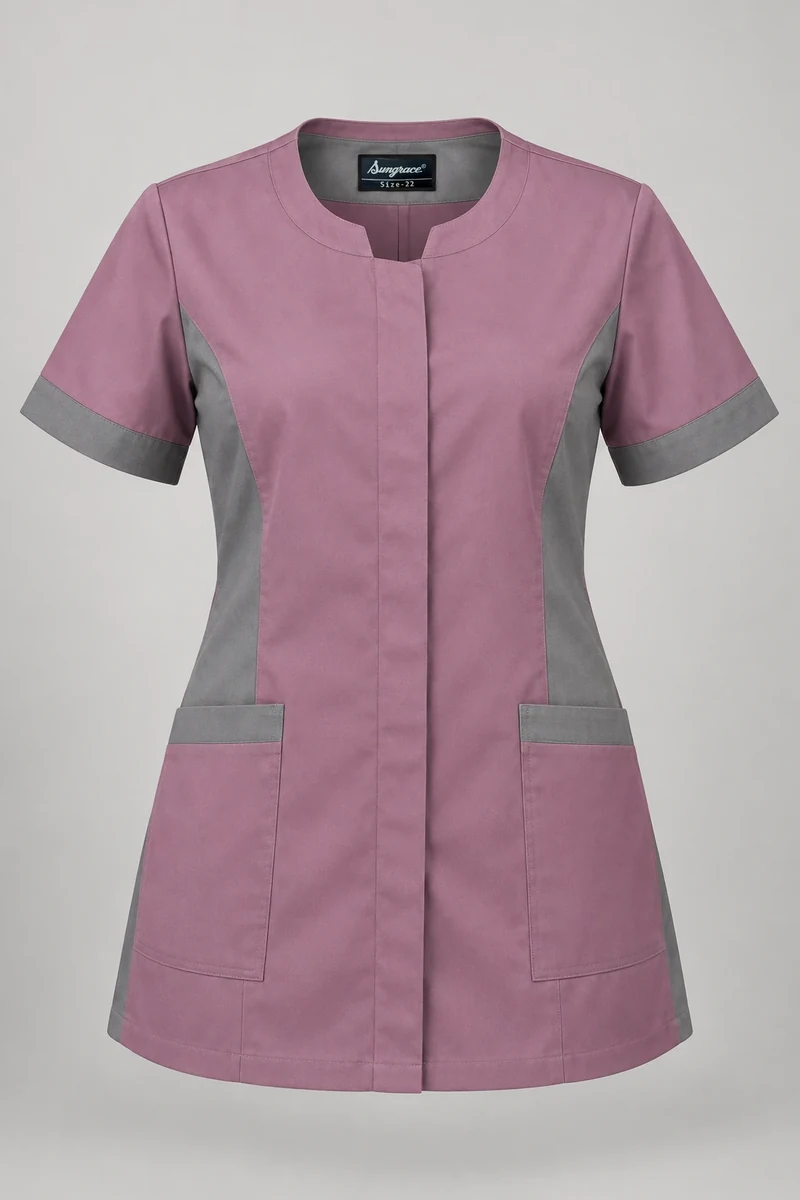 Sungrace housekeeping tunics design 11: Mauve & Grey, showing the genuine Sungrace woven label