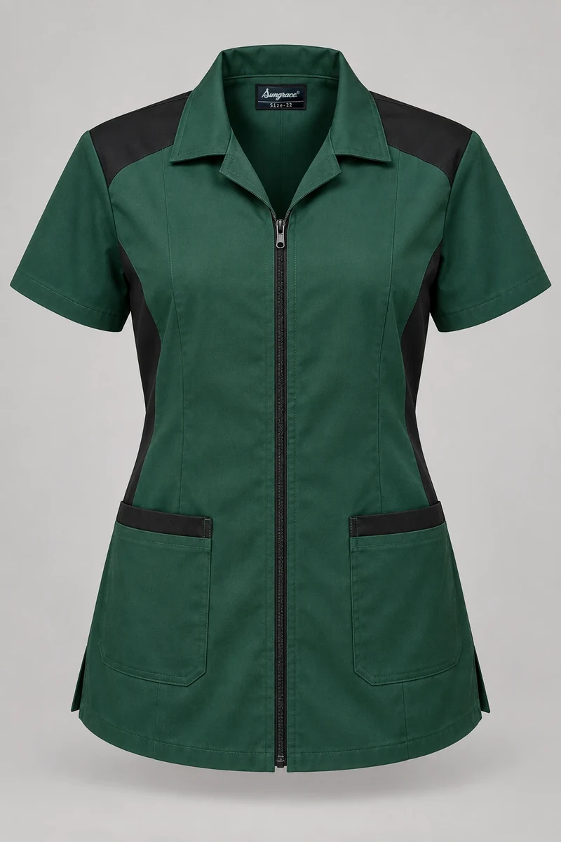 Sungrace housekeeping tunics design 12: Forest & Black, showing the genuine Sungrace woven label