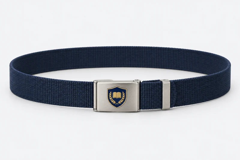 School Belts — plain navy webbing, brushed silver rectangular clamp buckle. product. Illustrative catalogue concept.