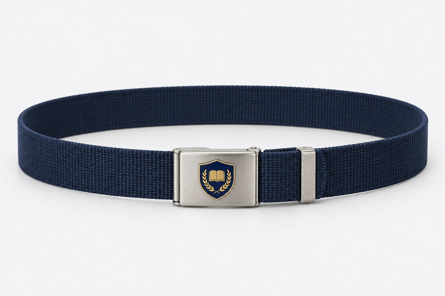 School Belts — plain navy webbing, brushed silver rectangular clamp buckle. product. Illustrative catalogue concept.
