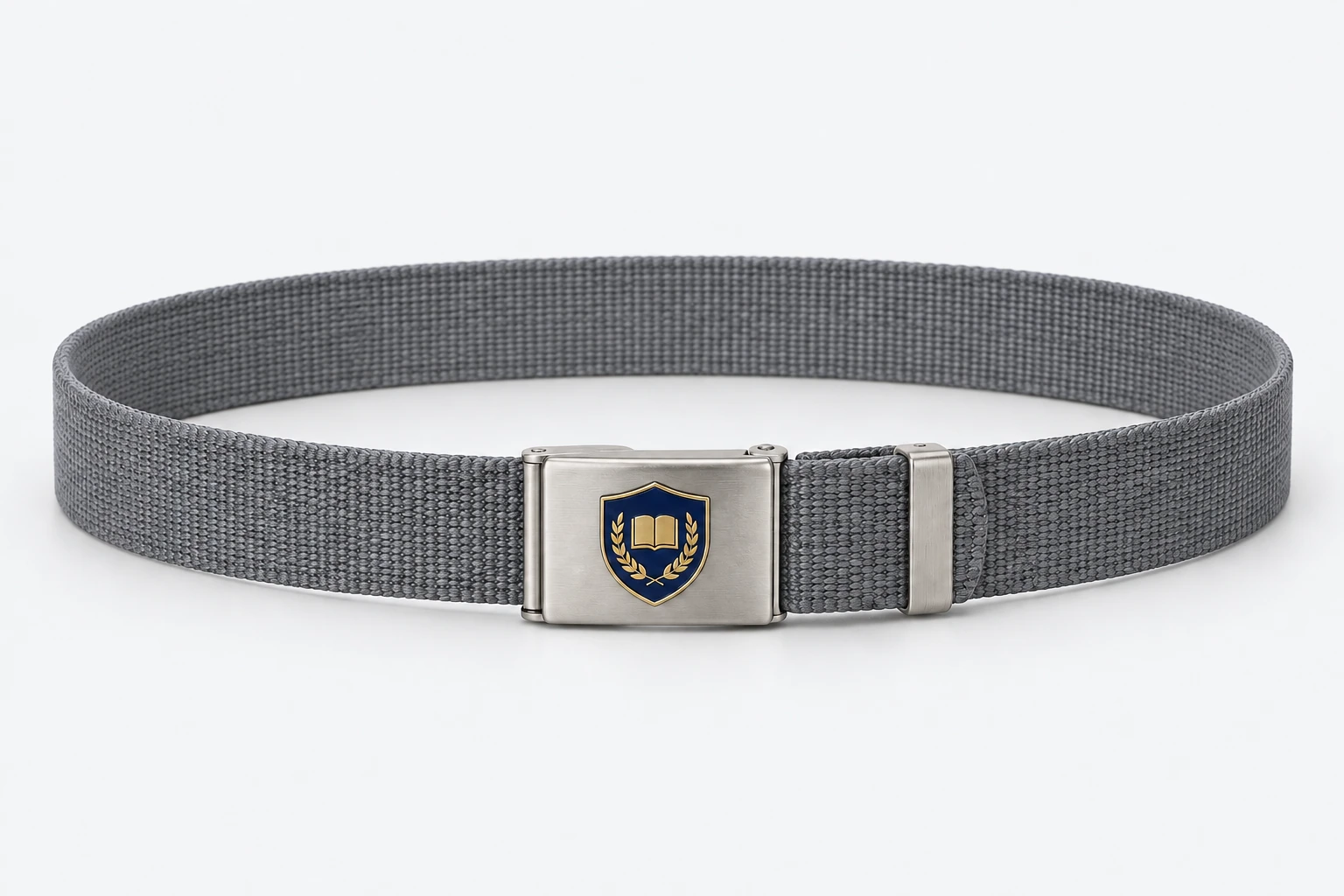 School Belts — plain grey woven webbing, brushed silver rectangular clamp buckle. product. Illustrative catalogue concept.
