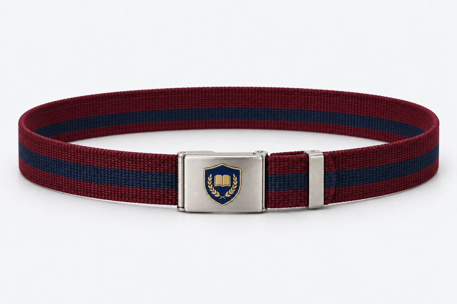 School Belts — burgundy webbing with navy central stripe, silver rectangular clamp buckle. product. Illustrative catalogue concept.