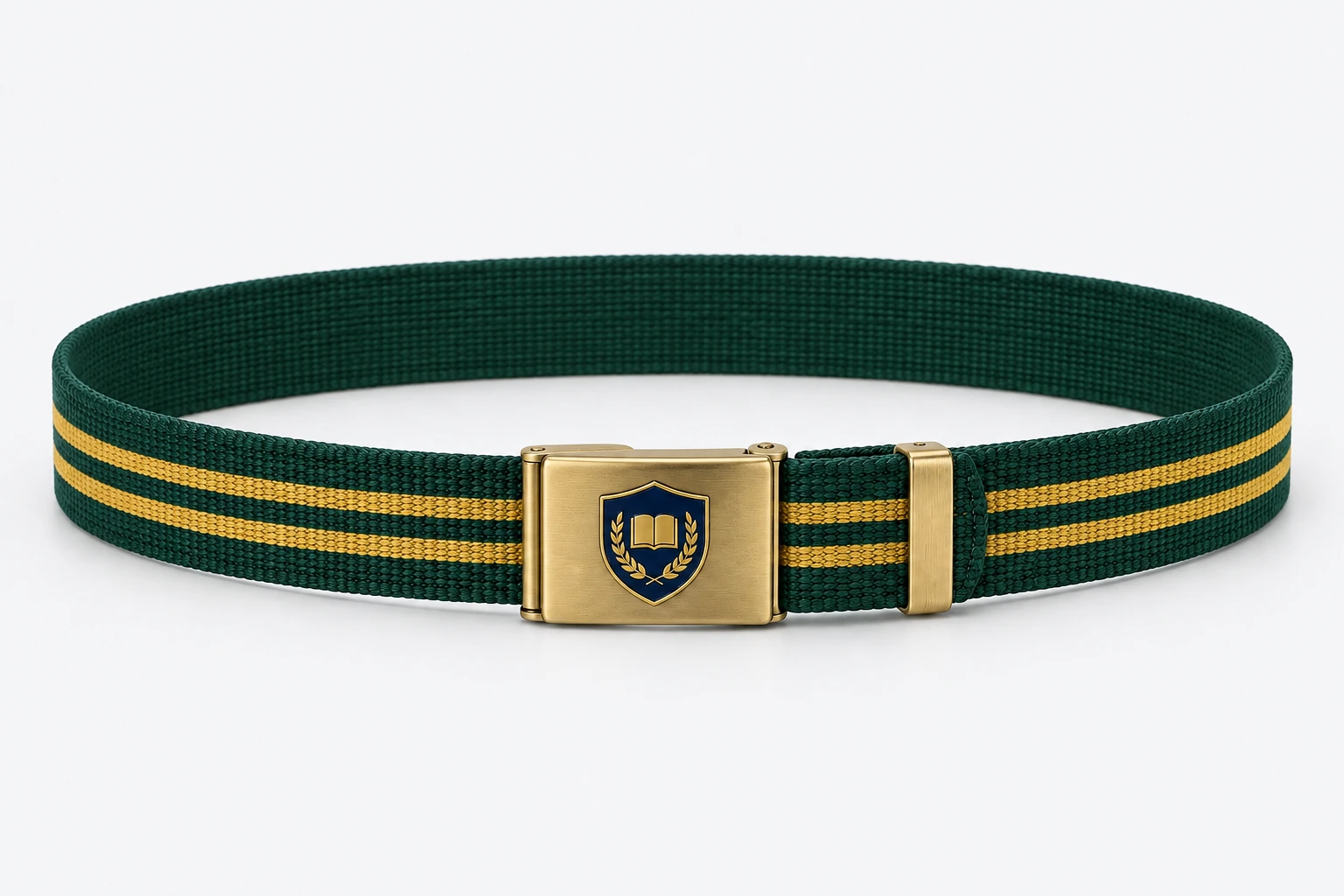 School Belts — bottle green webbing with two gold stripes, brass rectangular clamp buckle. product. Illustrative catalogue concept.