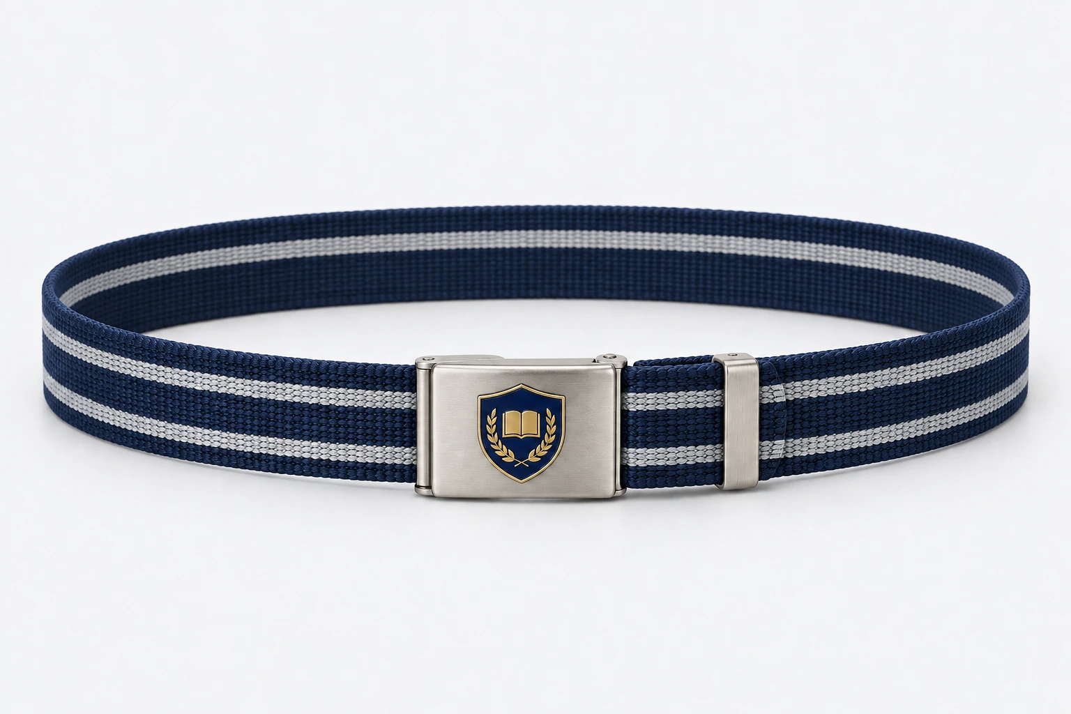 School Belts — navy webbing with two silver stripes, brushed silver rectangular clamp buckle. product. Illustrative catalogue concept.