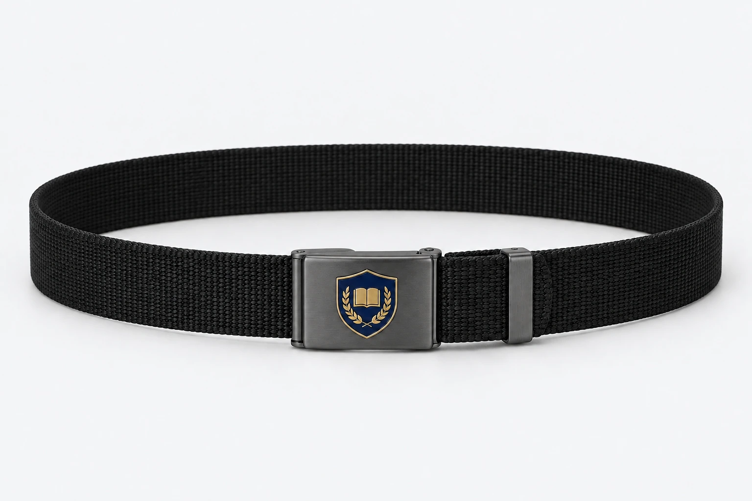 School Belts — black webbing, matte charcoal rectangular clamp buckle. product. Illustrative catalogue concept.