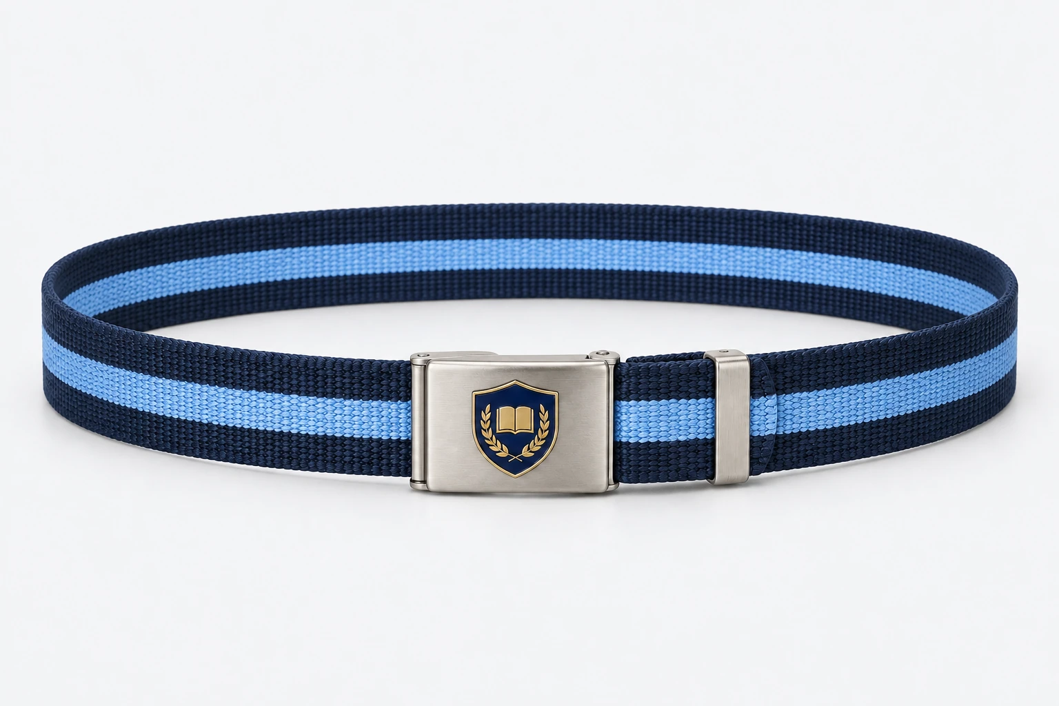 School Belts — navy webbing with sky-blue centre stripe, silver rectangular clamp buckle. product. Illustrative catalogue concept.