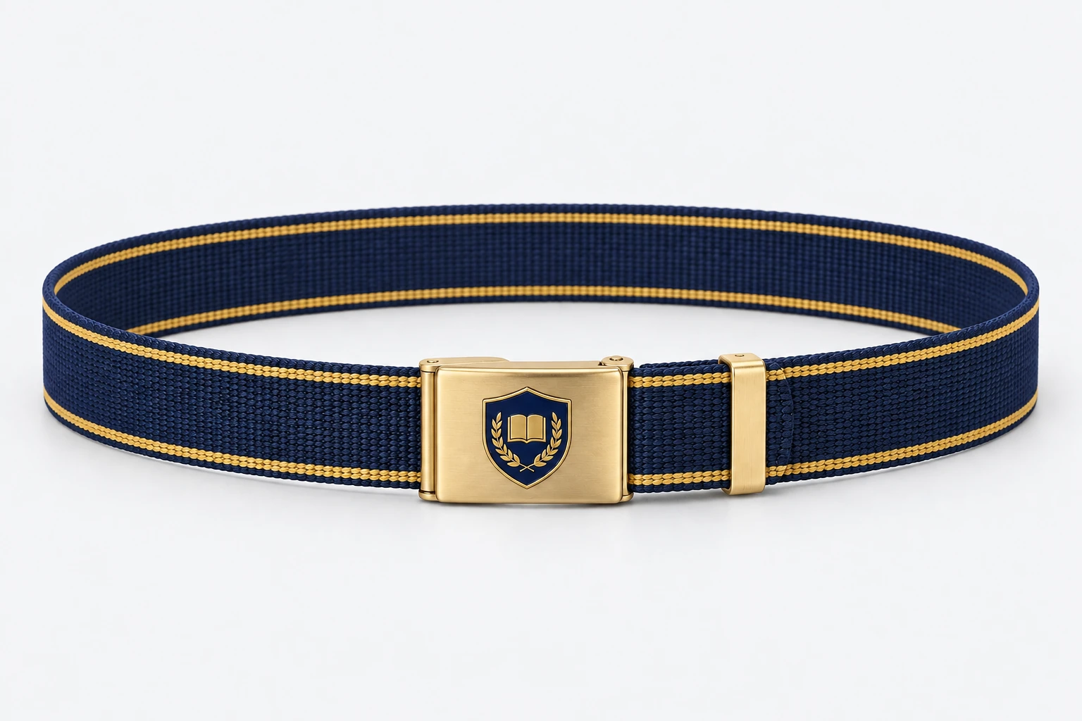 School Belts — navy webbing with two thin gold edge stripes, gold rectangular clamp buckle. product. Illustrative catalogue concept.